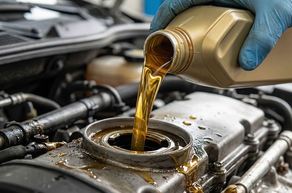añadiendo aceite 20w 50 en el motor de un auto
