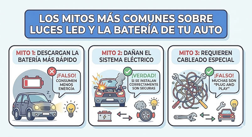 mitos luces led en un auto