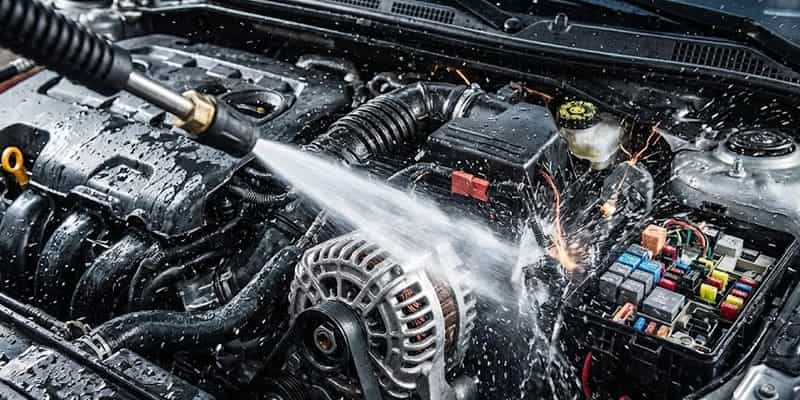hidrolavadora lanza un chorro de agua a presión sobre el alternador y la caja de fusibles abierta de un motor de automóvil, provocando chispas eléctricas. Todo el compartimento del motor está mojado.