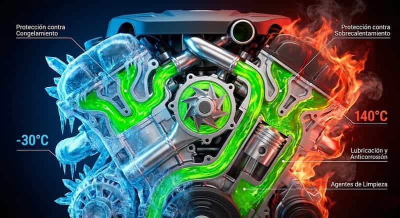 Ilustración digital en corte transversal de un motor de automóvil, mostrando el flujo de líquido refrigerante verde neón a través de sus componentes. El lado izquierdo del motor está cubierto de hielo azul y cristales, con una etiqueta que dice "-30°C Protección contra Congelamiento". El lado derecho del motor brilla con calor rojo y naranja intenso, llamas y humo, con una etiqueta que dice "140°C Protección contra Sobrecalentamiento". El refrigerante verde fluye libremente por ambos extremos y a través de una bomba de agua central. Otras etiquetas señalan "Lubricación y Anticorrosión" en los conductos metálicos limpios y "Agentes de Limpieza" en el flujo del líquido, destacando las múltiples funciones protectoras del refrigerante.