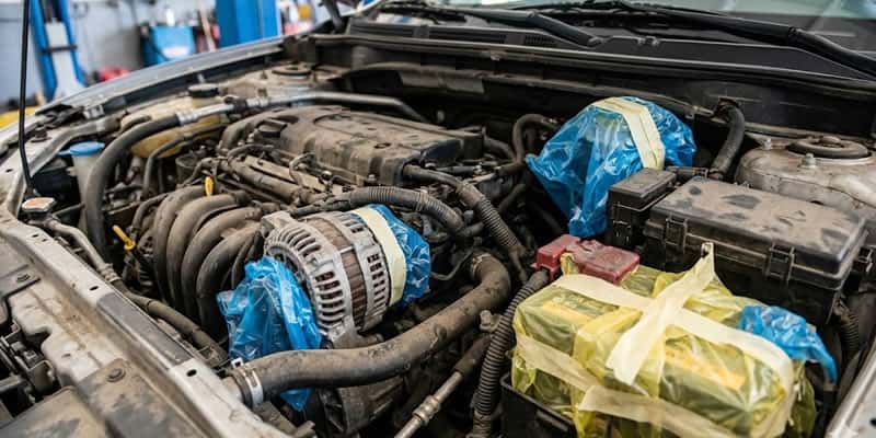 Compartimento del motor del carro sucio y polvoriento, con la batería y el alternador envueltos en bolsas de plástico azules y amarillas y asegurados con cinta adhesiva, probablemente en preparación para una limpieza.