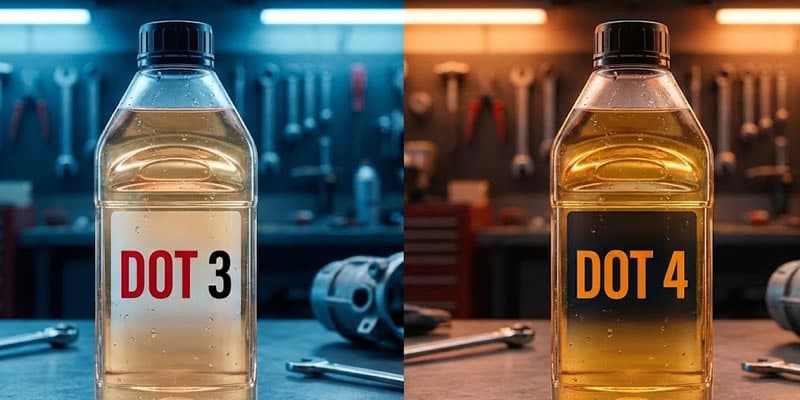 Primer plano extremo (macro) de líquido de frenos limpio y dorado siendo vertido suavemente en el depósito de frenos de un automóvil moderno