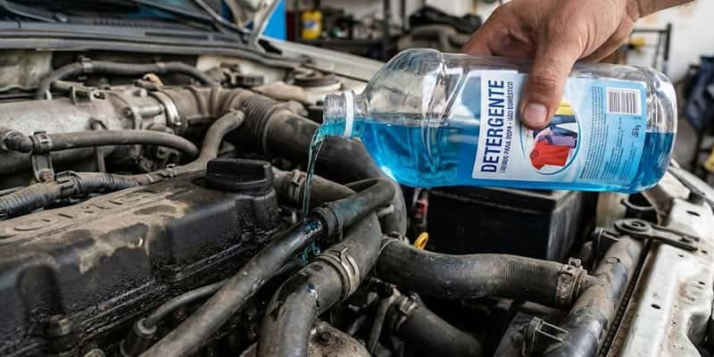 Una mano vierte detergente líquido azul para ropa de una botella de plástico transparente con etiqueta sobre las mangueras de goma y el bloque del motor muy sucio de un automóvil en un taller mecánico.