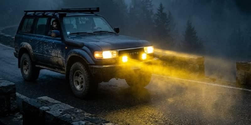 focos halogenos en 4x4 recorriendo la carretera montañosa de los andes en Perú